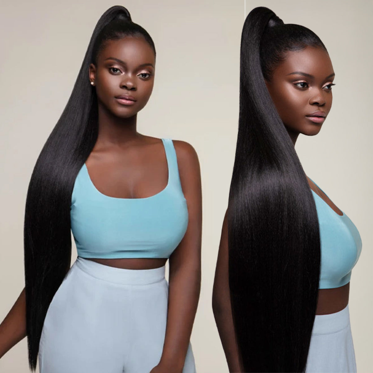 Woman with long black hair styled in a high ponytail, wearing a light blue top and white pants.